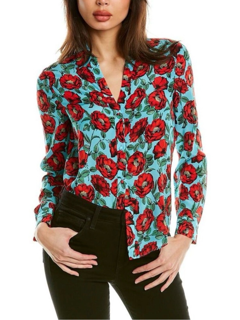NWT Alice + Olivia Eloise Floral Silk Blouse, Aqua Beach Bliss | Sz M